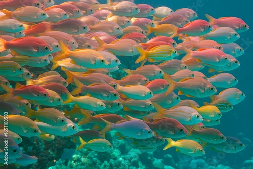 Vibrant school of colorful fish swimming together in clear blue ocean water
