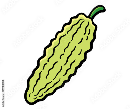 A vibrant illustration of a pale green bitter melon, showcasing its bumpy texture and distinctive shape.