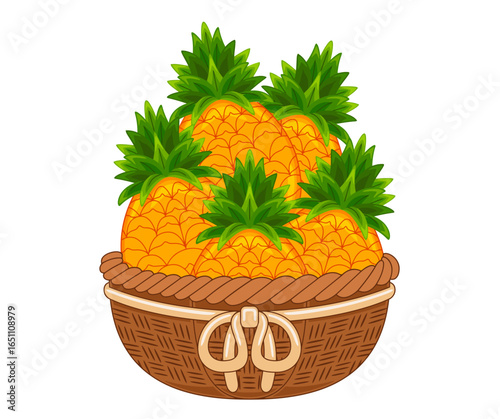 A basket overflowing with ripe, golden pineapples, complete with vibrant green leafy tops.