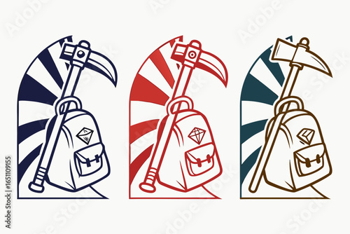 Three stylized backpacks with scythes and axes in different colors