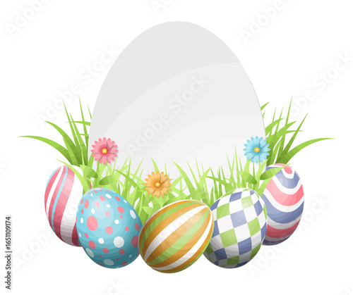 Large blank Easter egg nestled in spring grass with colorful decorated eggs.