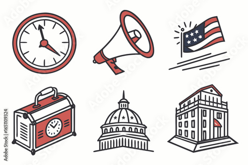 Collection of vintage icons including a clock, megaphone, and us capitol building