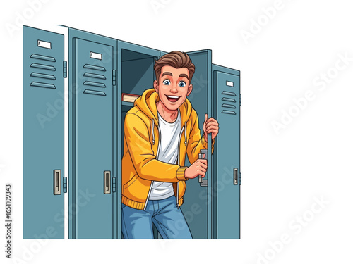 Student and Locker: A bright and happy student, dressed casually, stands at an open locker, expressing an eagerness and anticipatory mood with the blue locker.