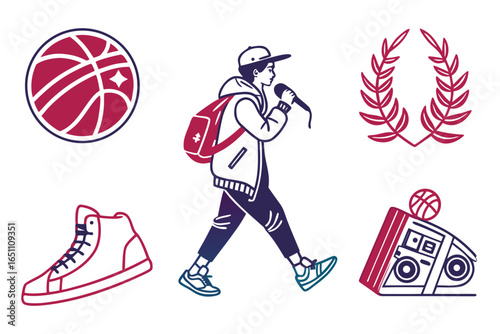 Hip hop culture elements rapper with backpack, basketball, sneakers, boombox, laurel wreath
