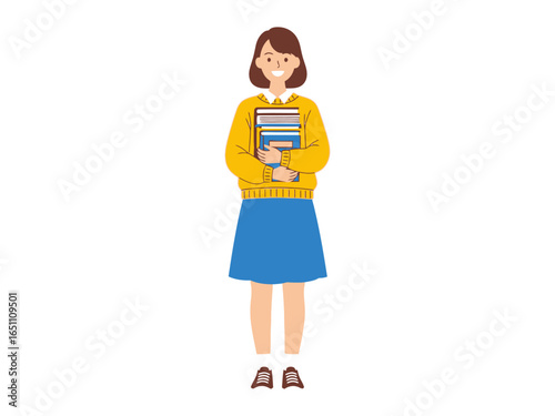 Young Scholar's Bookish Stance: A student standing tall, holds a stack of books. A symbol of intellectual curiosity. It showcases her devotion to learning and the joy she finds in the pages of books.