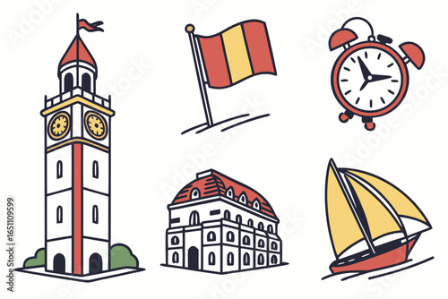 Collection of icons including a tower, flag, alarm clock, building, and sailboat