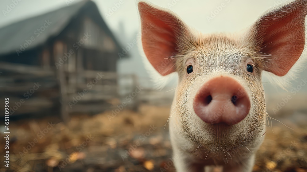 Fototapeta premium Cute piglet exploring a rustic farm setting with a wooden barn in the background during golden hour