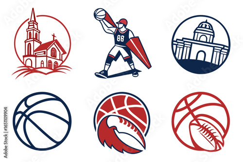 Collection of sports and architectural icons isolated on white background