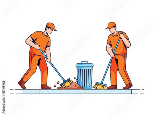 Street Cleaning Crew at Work: Two dedicated street cleaners are meticulously sweeping a sidewalk clean, showcasing the importance of community and urban maintenance.