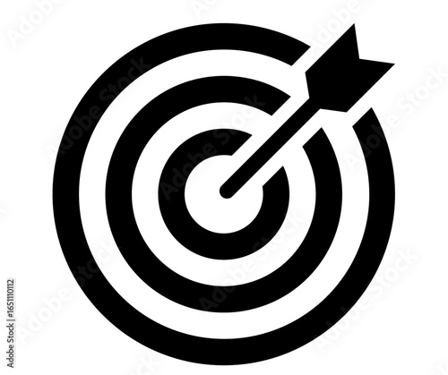 Black and white graphic of an arrow hitting the bullseye of a target.