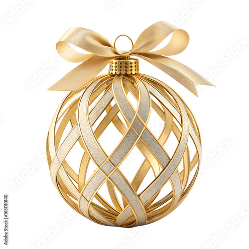 Elegant gold christmas ornament with ribbon bow isolated on transparent background