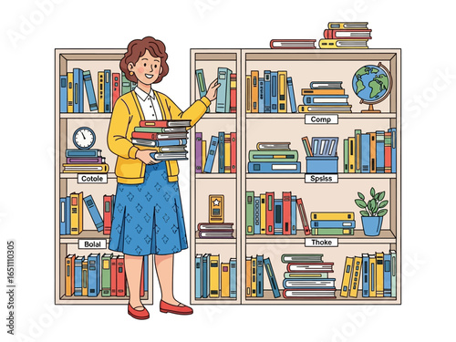 Librarian's Literary Haven: A woman smiles, holding a pile of books. The backdrop showcases a meticulously organized bookshelf, a testament to a world of knowledge and learning.