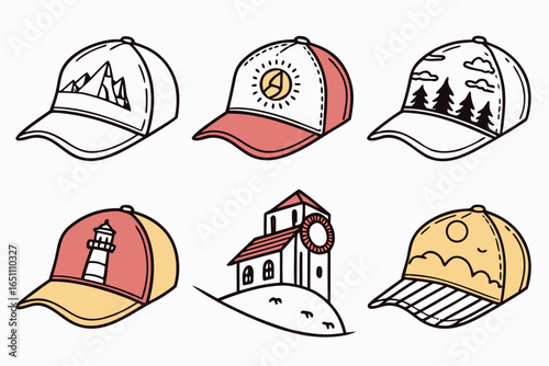 Collection of six handdrawn baseball caps with outdoor themes