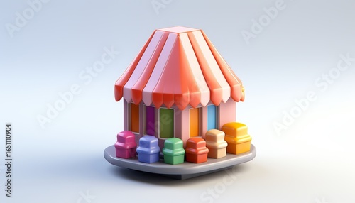 A colorful ice cream shop model featuring a striped roof and a selection of ice cream scoops displayed outside.