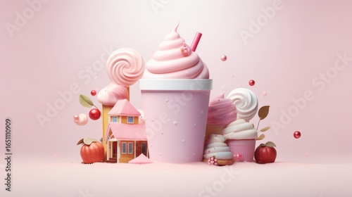 A whimsical scene featuring colorful ice cream, candy, and a charming house, all set against a soft pink background, evoking a playful and sweet atmosphere.