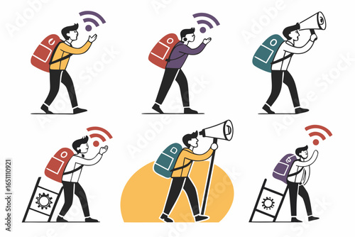 Man with backpack searching for signal and using telescope