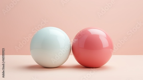 Two glossy spheres, one light blue and one soft pink, rest on a pastel surface against a light pink background, creating a minimalist aesthetic.