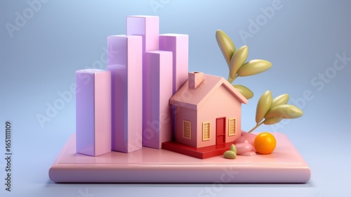 A pastel-colored 3D model featuring a house, bar graphs, and leaves, symbolizing home and financial growth.