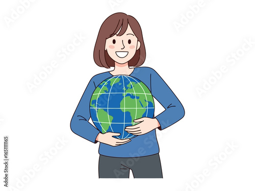 Embracing Our World: A woman tenderly cradles a vibrant globe, symbolizing her care for and connection to the Earth, with a radiant smile that reflects her love for the planet.