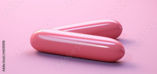 A pair of glossy pink objects resting on a soft pink background, showcasing a smooth, shiny surface and an elongated shape.