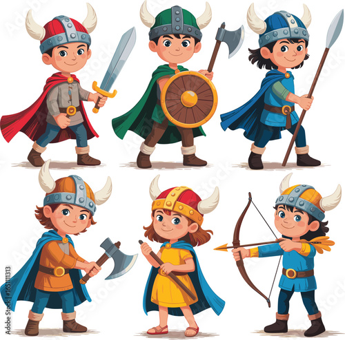 Cartoon Viking kids in colorful costumes, holding weapons, fantasy warriors illustration, playful medieval characters, children’s Viking adventure concept art.