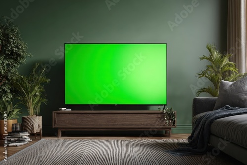 Television green screen. Interior of a living room. TV Media Entertainment center mockup. Digital Display showing blank green background. Modern TV chroma key template. Luxury Cozy home. Online cinema