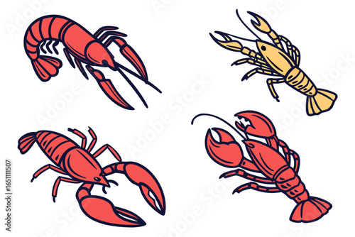 Four colorful crayfish and lobster illustrations isolated on white background