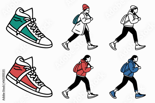 Collection of walking people and hightop sneakers isolated on white background