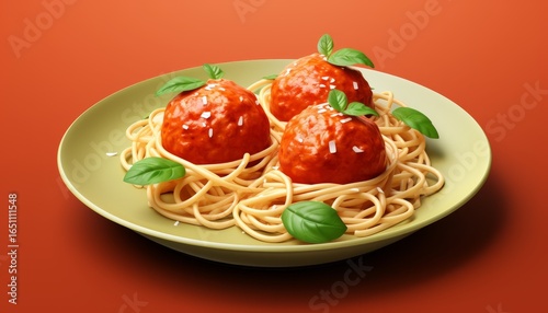 A vibrant plate of spaghetti topped with three meatballs and garnished with fresh basil leaves, set against a warm orange background.
