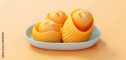 A playful dessert of three round, bright orange treats nestled in textured shells on a light plate against a peach background.