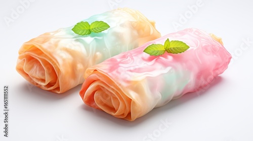 Mouthwatering dessert rolls in pastel colors, garnished with fresh mint leaves, showcasing an enticing and delightful presentation.