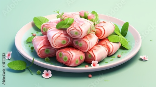 A colorful plate of rolled delicacies garnished with fresh herbs and floral accents, presenting an appetizing and artistic food display.