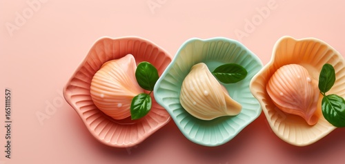 Colorful dessert shells elegantly displayed on pastel plates, accented with green leaves, creating a visually pleasing and appetizing presentation.