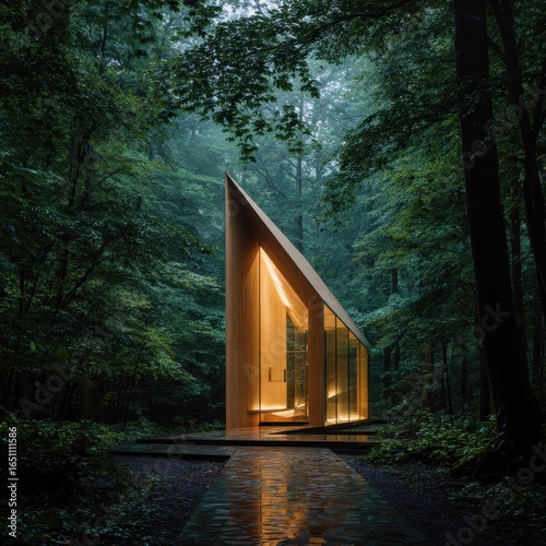 Wooden chapel in misty forest, serene, inspiration.  Possible use wallpaper