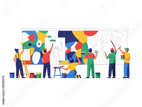 Mural Painting by Artists: A collective of skilled individuals meticulously crafts a vibrant mural, using brushes and colors to bring their creative vision to life in a collaborative art project.