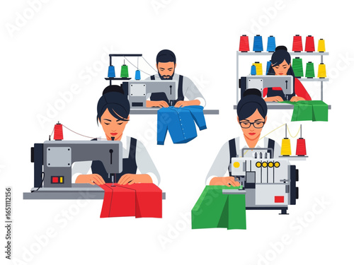 Tailoring Team in Action: A collaborative illustration of a diverse group of craftspeople, engrossed in the meticulous craft of tailoring and stitching, in an organized workshop environment.