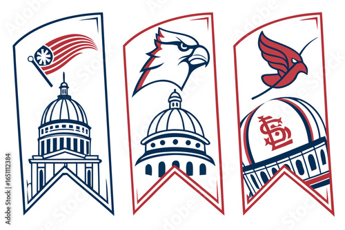 State capitol buildings with patriotic symbols and mascots