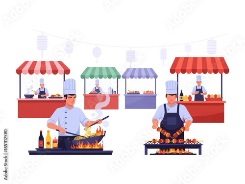 Culinary Delights: A vibrant illustration of chefs passionately preparing diverse dishes, capturing the lively atmosphere of a bustling outdoor food market.