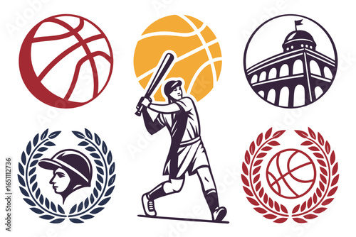Sports icons baseball player, basketballs, stadium, and laurel wreath