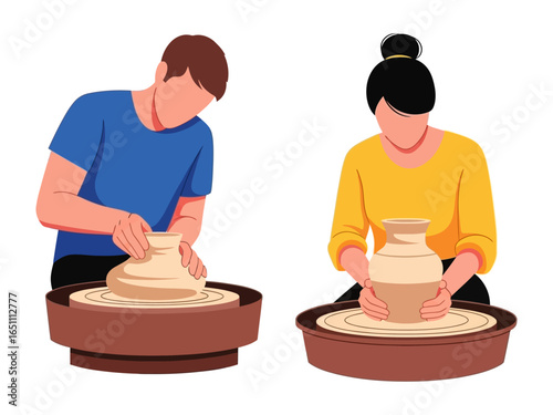 Pottery Craftspeople at Work: Two skilled craftspeople meticulously shape and mold clay on pottery wheels, their focus a testament to the dedication of traditional craftmanship.