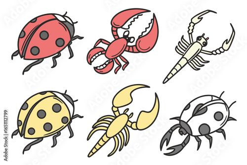 Collection of cartoon insects and arachnids isolated on white background