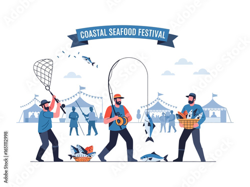 Coastal Seafood Festival: This scene illustrates the vibrant Coastal Seafood Festival, featuring the excitement of fishing, showcasing a fresh catch.