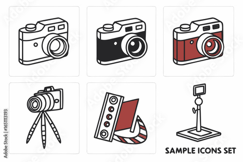 Set of six different camera and photography icons isolated on white background