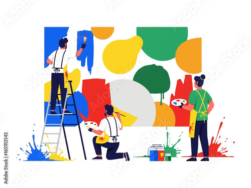 Artistic Collaboration: A team of artists collaborates to bring a vibrant, large-scale, abstract mural to life, using brushes and palettes with focus and expertise.