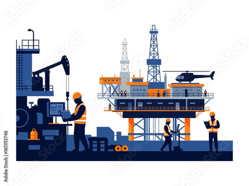Offshore Rig Operation: A detailed illustration showcases the complex operations of an offshore rig. Skilled workers, modern technology, and an overview of the maritime industry are captured