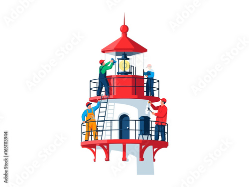 Beacon of Maintenance: A team of dedicated workers meticulously maintain a charming, red-and-white lighthouse.