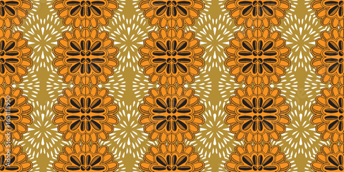 African ethnic traditional orange pattern. seamless beautiful Kitenge, chitenge, Ankara style. fashion design in gold. Geometric circle abstract motif. Floral orange prints, African wax prints