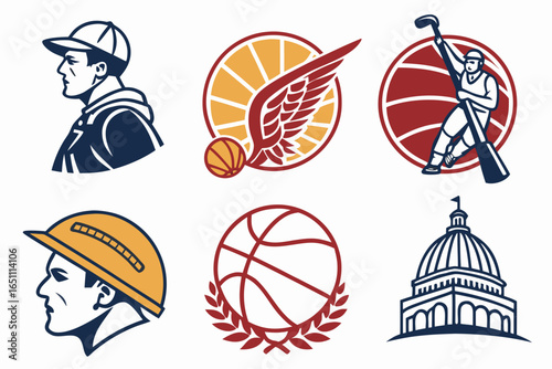 Collection of sports and architecture icons isolated on white background
