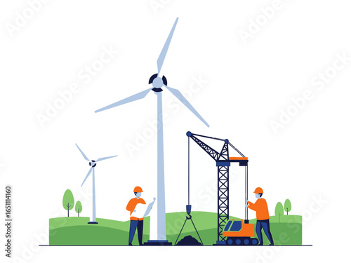 Wind Turbine Construction: Illustrating the dynamic process of wind turbine construction, this image features two engineers overseeing the project at a renewable energy site.
