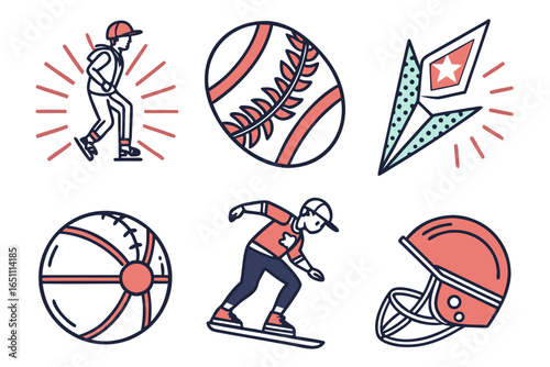 Collection of sports icons including baseball, skating, and snowboarding isolated on white background